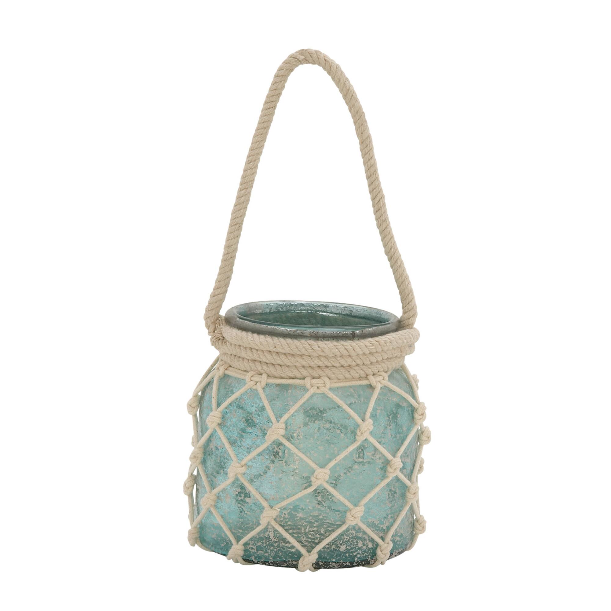 Aquamarine Glass Coastal Candle Holder Lantern, 15" x 7" x 7"